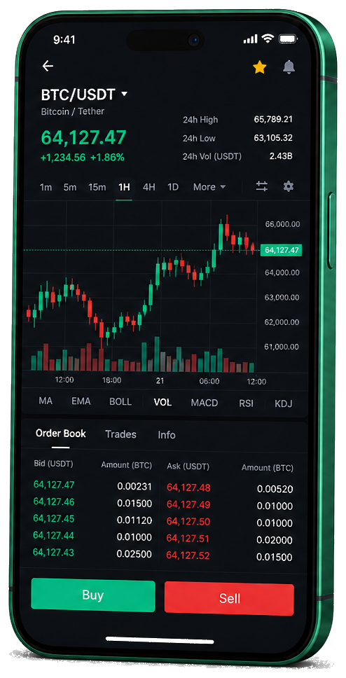 Plataforma de trading Nuntron no celular — gráfico BTC/USDT ao vivo, livro de ofertas e interface de compra e venda